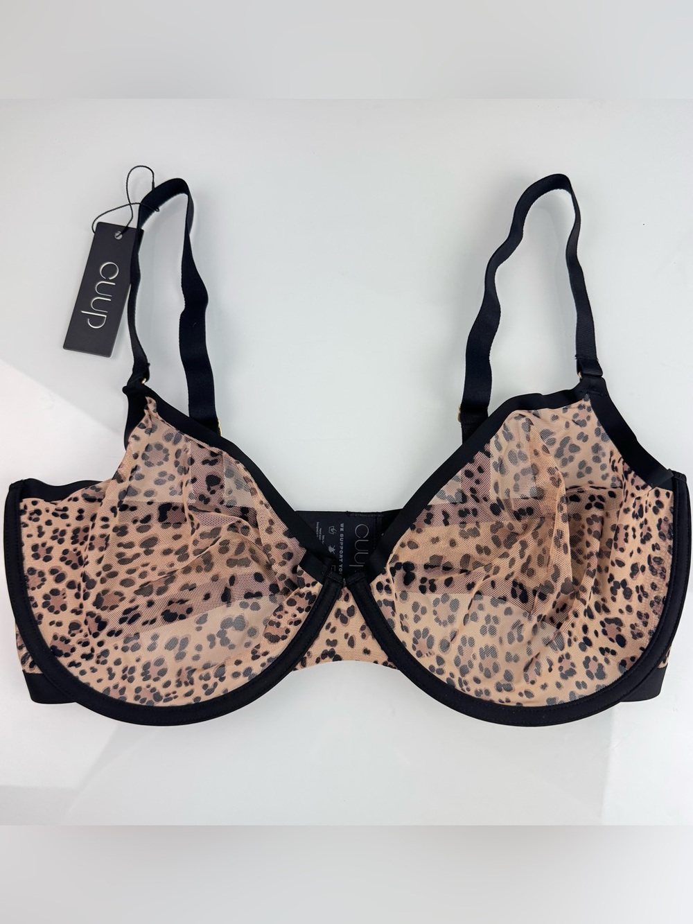CUUP The Plunge Bra Sheer Mesh Leopard Cheetah Animal Print Gold Hardware Brown
